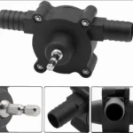 Bomba de agua portátil negra para taladro, con acoples de manguera y eje hexagonal.