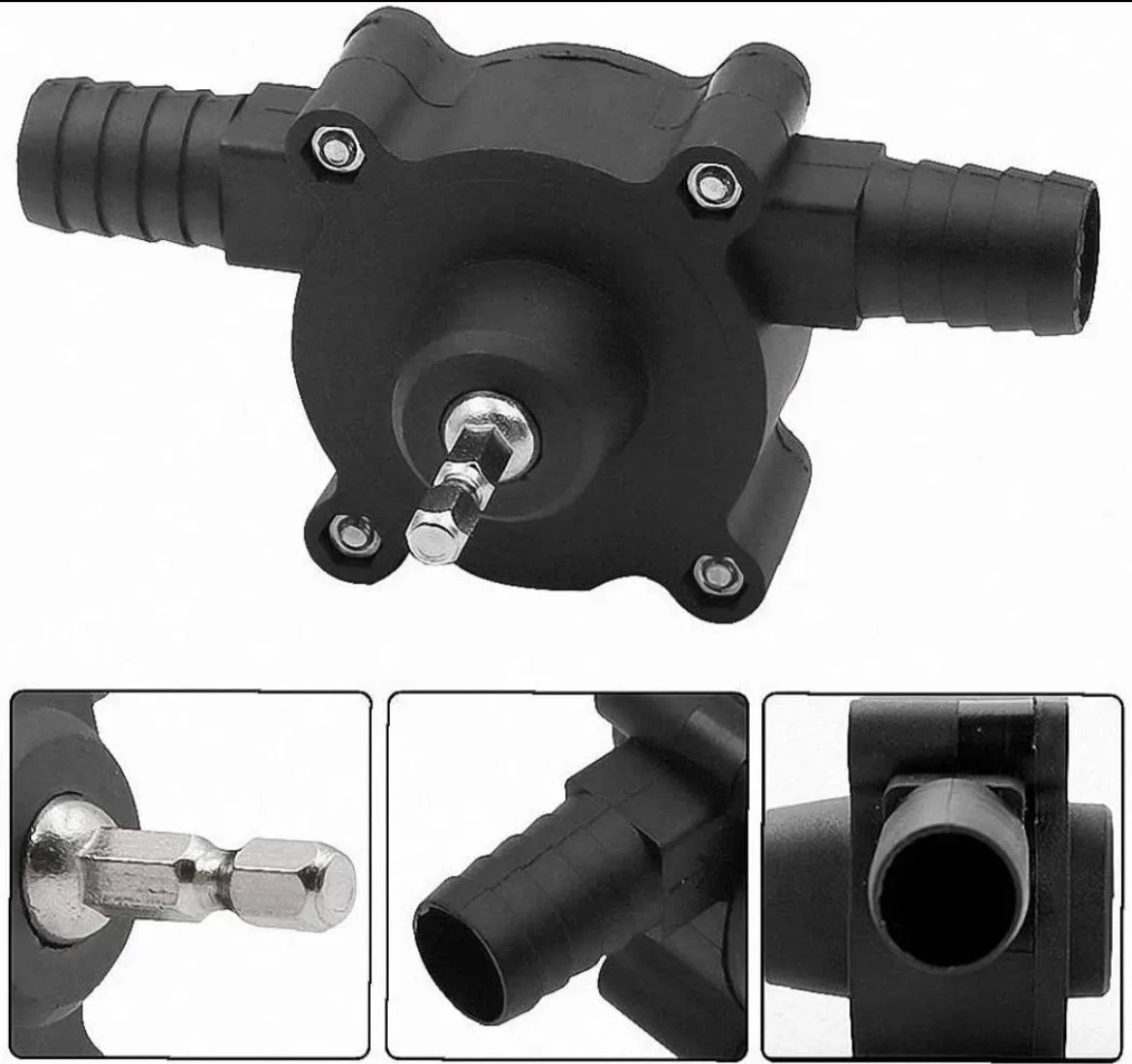 Bomba de agua portátil negra para taladro, con acoples de manguera y eje hexagonal.