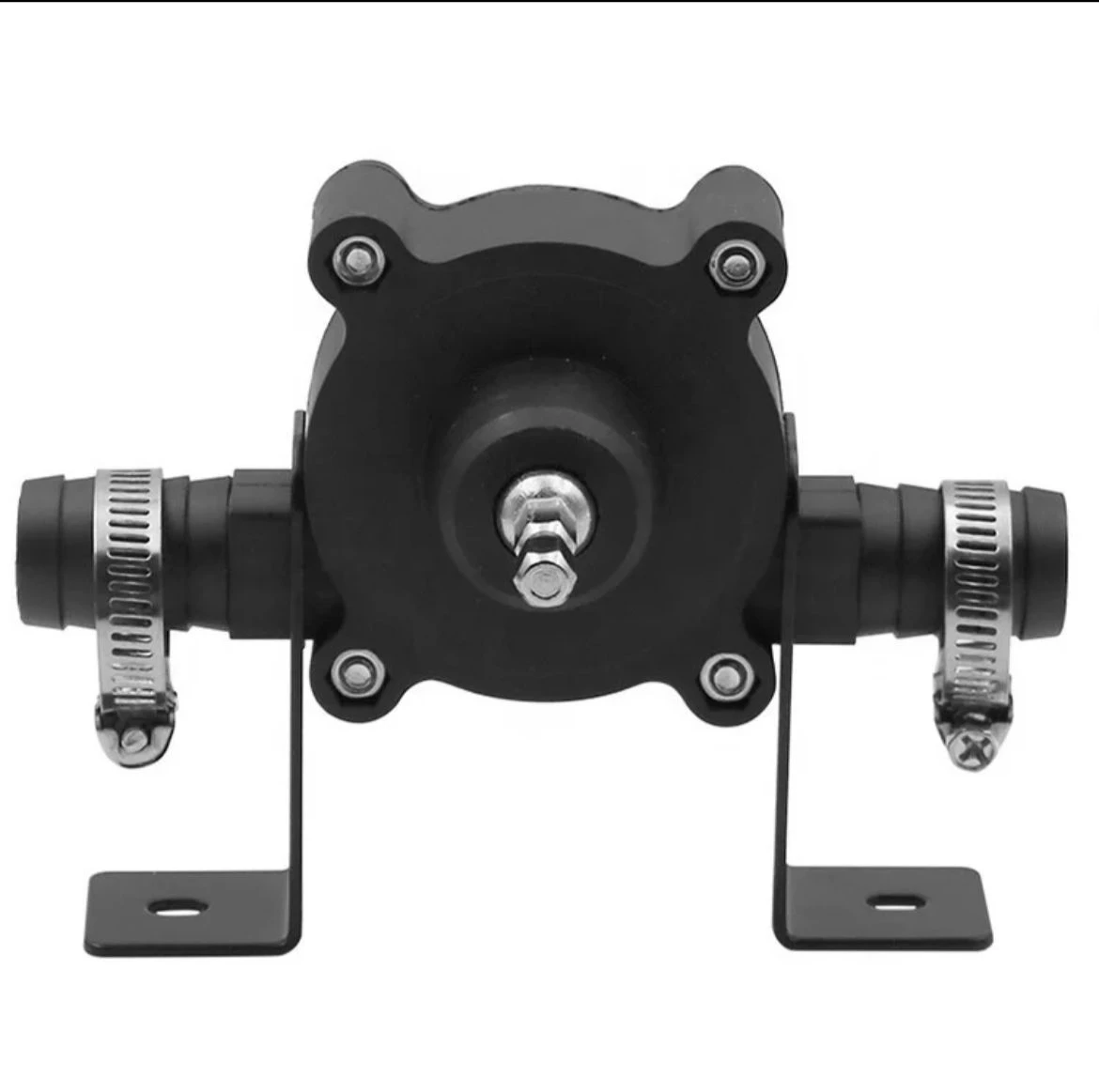 Bomba de agua portátil negra para taladro con abrazaderas y soportes metálicos.