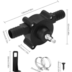 Adaptador de bombeo de agua portátil negro, de plástico, con acoples para manguera y herrajes.