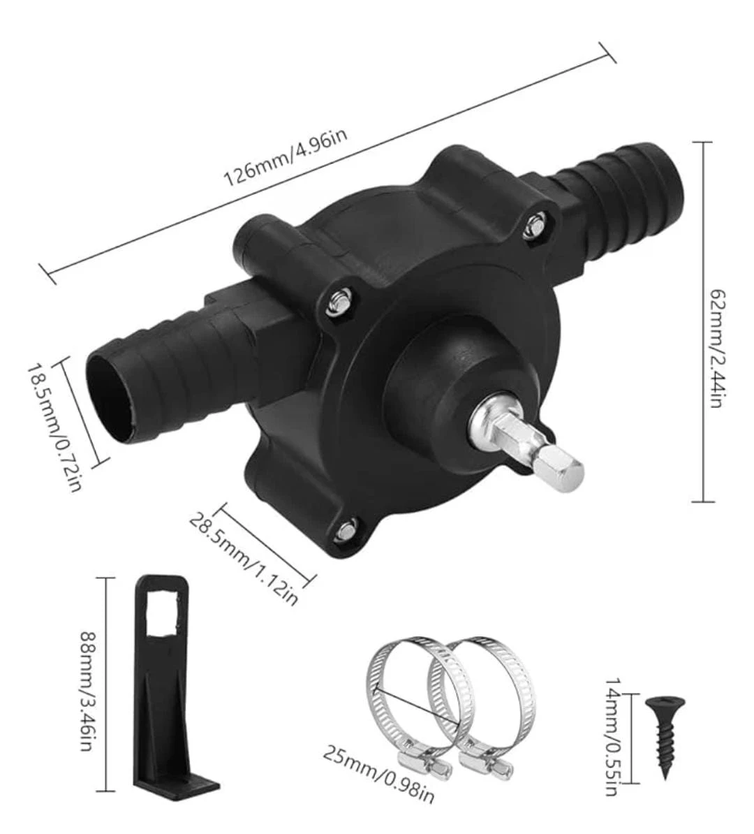 Adaptador de bombeo de agua portátil negro, de plástico, con acoples para manguera y herrajes.