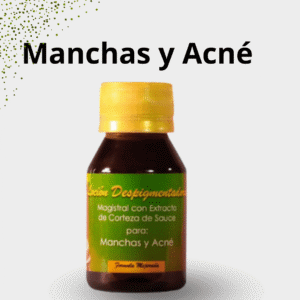 Loción despigmentante en frasco ámbar con tapa amarilla, ideal para manchas y acné.