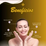 Mujer sonriente con piel radiante, destacando beneficios de serum: sin manchas, hidratada, sin impurezas, control de acné.