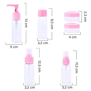 Set de 6 envases plásticos transparentes con tapas y dispensadores rosas para viaje.