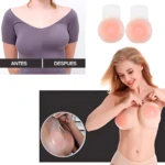 Cubre pezones con levantamiento de silicona color piel, incluye par de adhesivos y muestra su aplicación para mejorar la forma y soporte bajo la ropa.