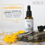 Tónico despigmentante Serux con extracto de caléndula, en frasco de vidrio ámbar con gotero, ideal para manchas.