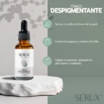 Tónico despigmentante Serux 30ml en frasco ámbar con gotero, para aclarar y unificar el tono de piel.