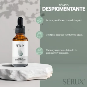 Tónico despigmentante Serux 30ml en frasco ámbar con gotero, para aclarar y unificar el tono de piel.