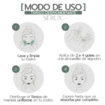 Rutina de 4 pasos para usar tónico despigmentante Serux: lavar rostro, aplicar gotas en algodón, distribuir y esperar absorción.