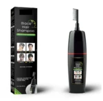 Shampoo negro para cabello con aplicador-peine, caja y botella negra con detalles rojos.