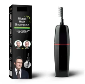 Shampoo negro para cabello con aplicador tipo peine, ideal para teñir rápido.