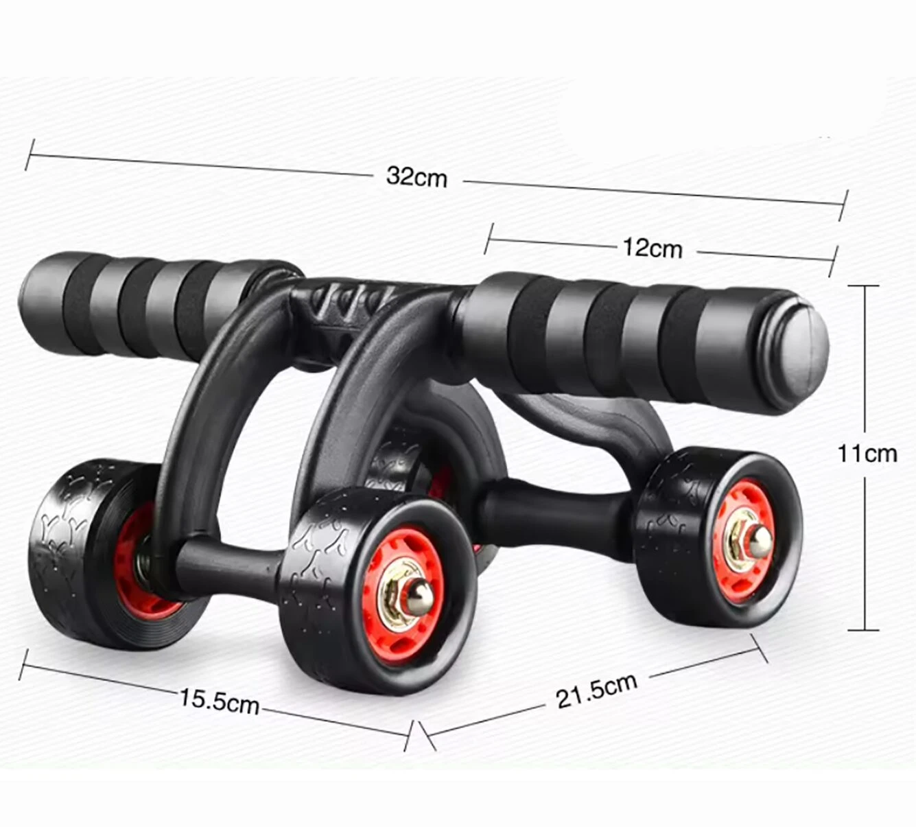 Rueda abdominal con 4 ruedas y agarres negros, 32cm largo.