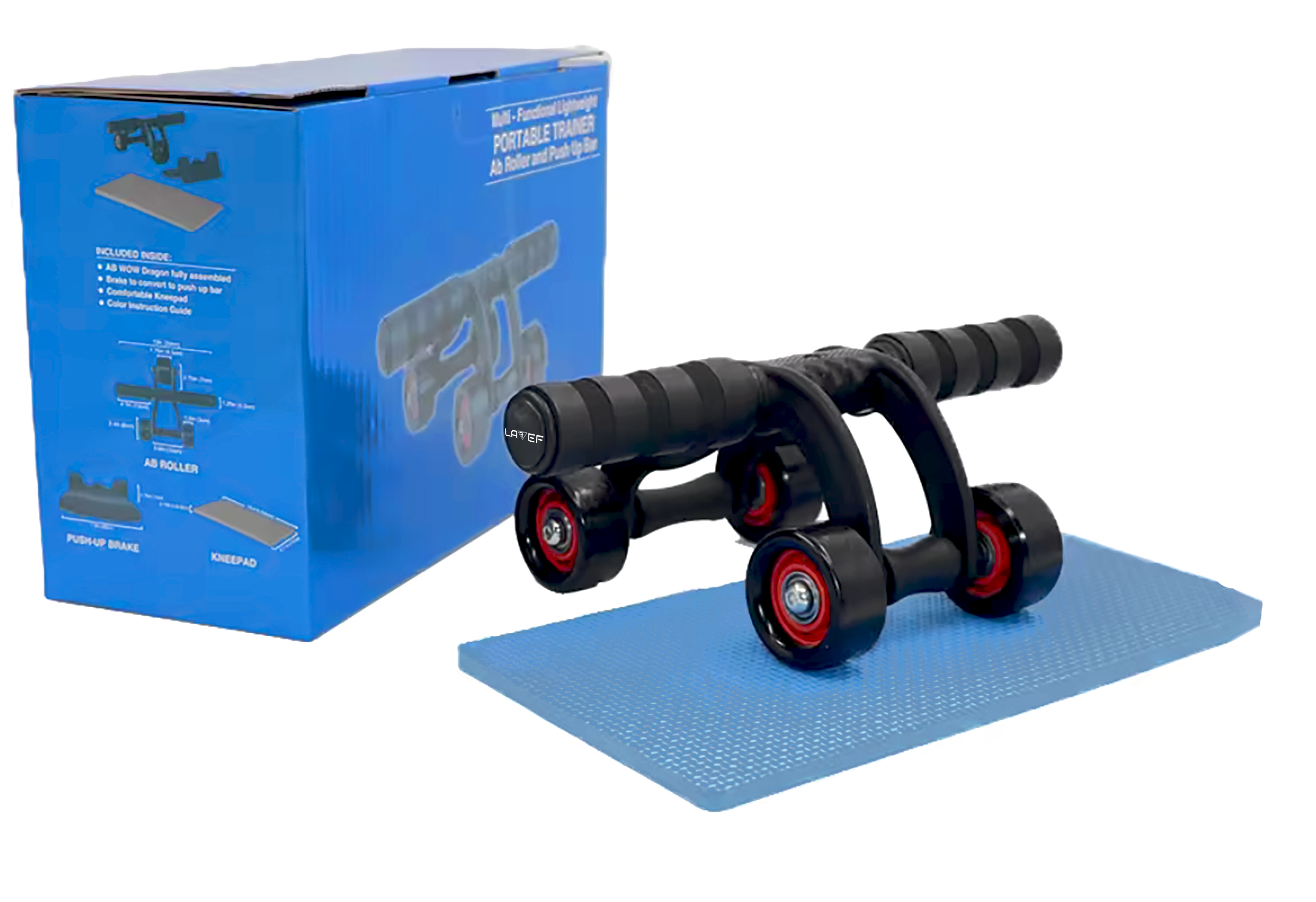 Rueda abdominal con manillar negro, 4 ruedas rojas y tapete azul, incluye caja y accesorios.