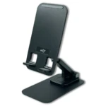 Soporte metálico negro plegable para celular, ajustable en ángulo, con base estable y logo eKOT.