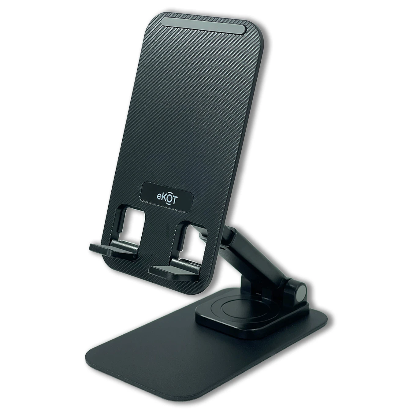 Soporte metálico negro plegable para celular, ajustable en ángulo, con base estable y logo eKOT.