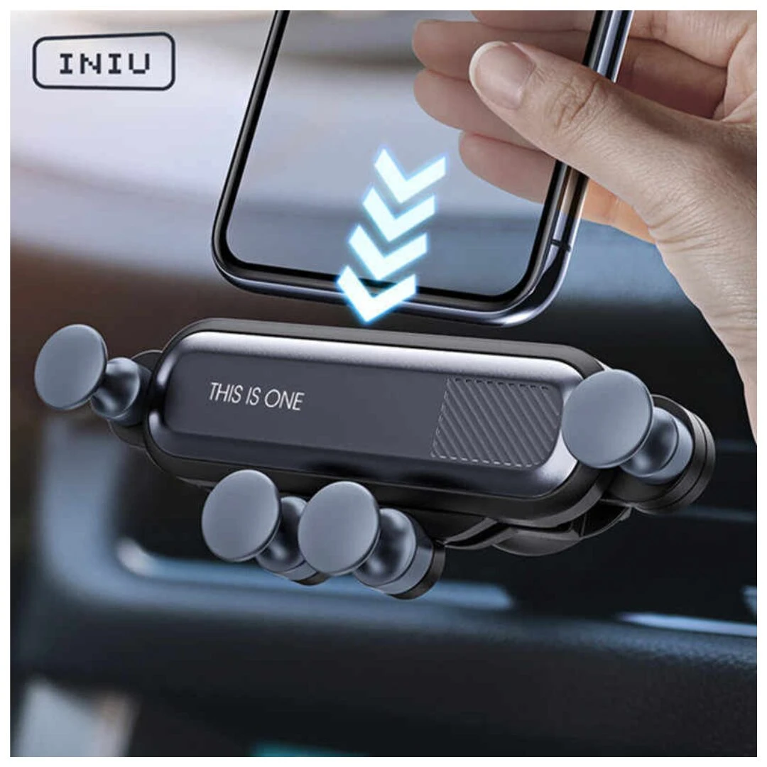 Soporte de celular para auto INIU, color negro, con diseño moderno, ideal para mantener tu dispositivo seguro y visible en el vehículo.