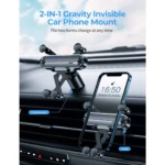 Soporte de celular para auto, negro, se instala en tablero o ventilación, diseño moderno y adaptable.