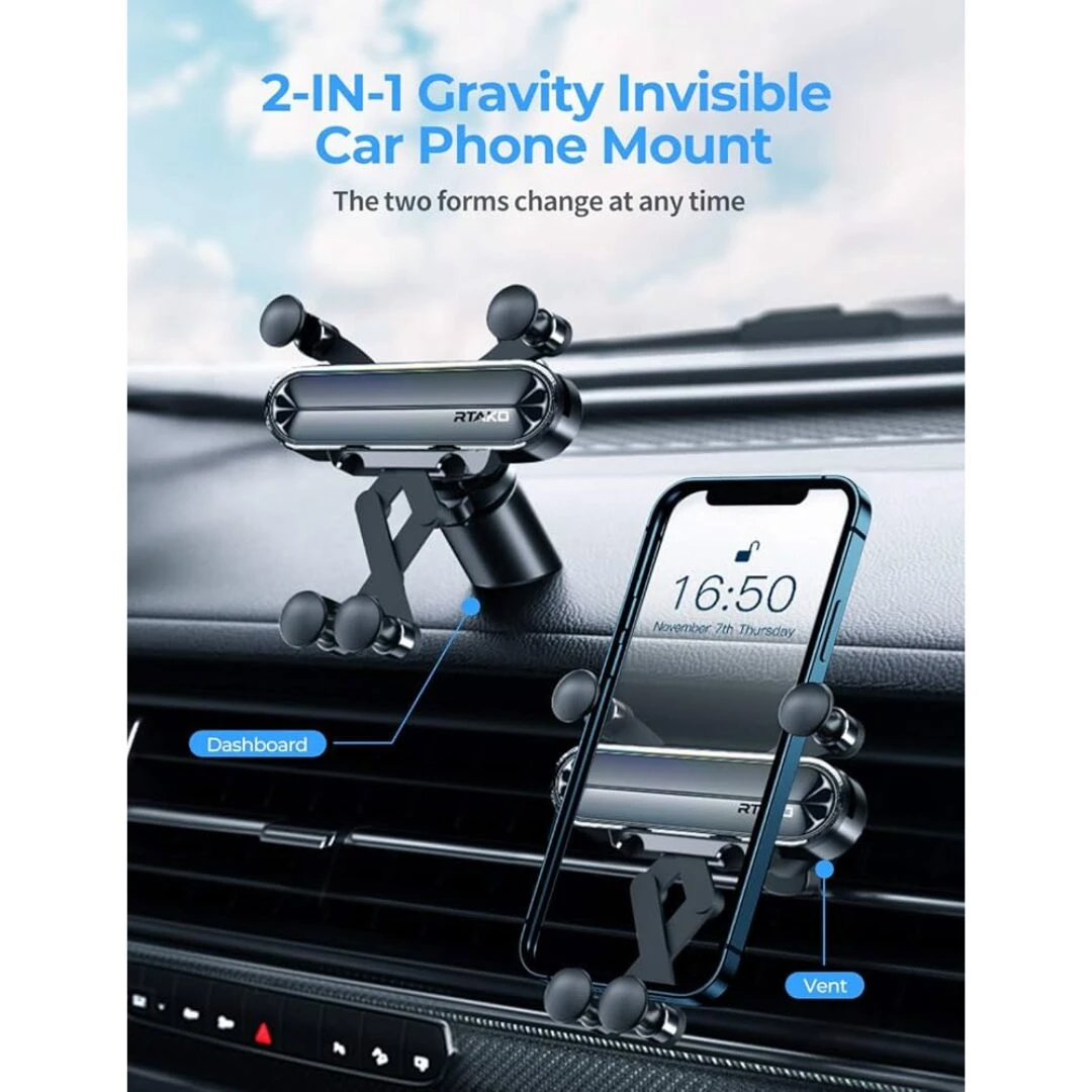 Soporte de celular para auto, negro, se instala en tablero o ventilación, diseño moderno y adaptable.