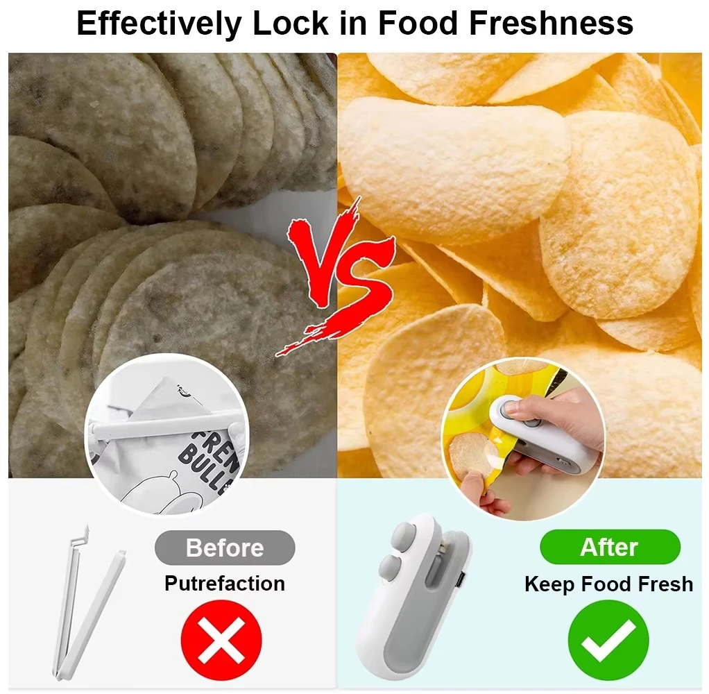 Mini sellador de bolsas 2 en 1 blanco y gris para mantener alimentos frescos, con comparación de papas antes y después.