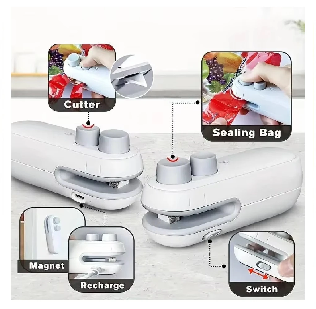 Mini sellador de bolsas blanco 2 en 1 con carga, incluye cortador y tapa magnética.