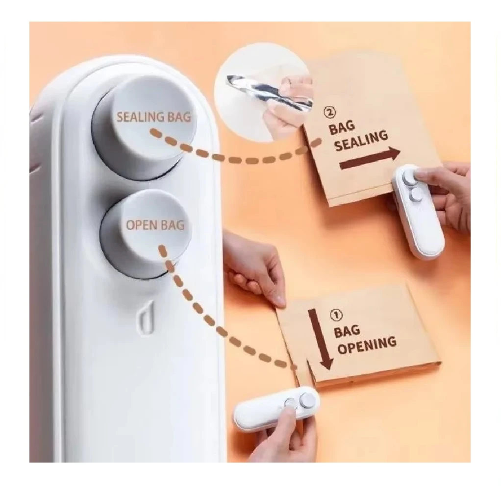 Mini sellador de bolsas blanco 2 en 1. Cierra y abre bolsas, ideal para cocina. Compacto y portátil.