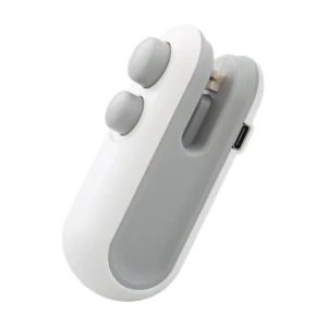 Mini sellador de bolsas 2 en 1 blanco y gris, con botones y puerto de carga USB, ideal para cerrar empaques.
