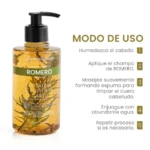 Shampoo Romero, frasco 300ml con aplicador negro, ideal para fortalecer y equilibrar el cabello. Muestra instrucciones de uso.