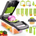 Picador de verduras 14 en 1 con recipiente, accesorios intercambiables y pelador.