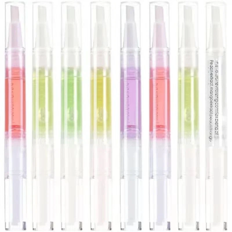 Set de ocho aceites para cutícula en aplicadores tipo bolígrafo con tapa transparente, cada uno con esencia frutal y color distinto, dispuestos en fila.