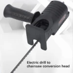 Adaptador negro para taladro eléctrico que convierte en sierra caladora con mango ergonómico.