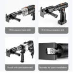 Sierra de mesa universal 3 en 1: adaptable a taladro eléctrico, inalámbrico y percutor, con instalación sencilla.