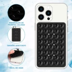 Soporte móvil doble ventosa negro con relieve de burbujas, se adhiere al teléfono para manos libres.