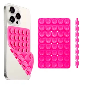 Soporte móvil rosa con doble ventosa para grabar y mirar contenido.