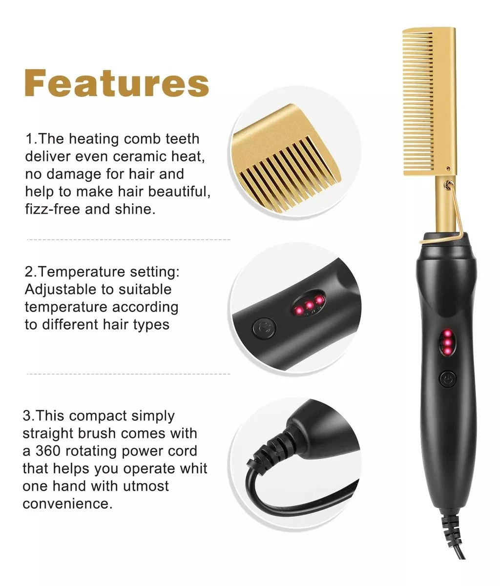 Peine cepillo alisador dorado y negro con detalles de temperatura y cable giratorio de 360 grados.