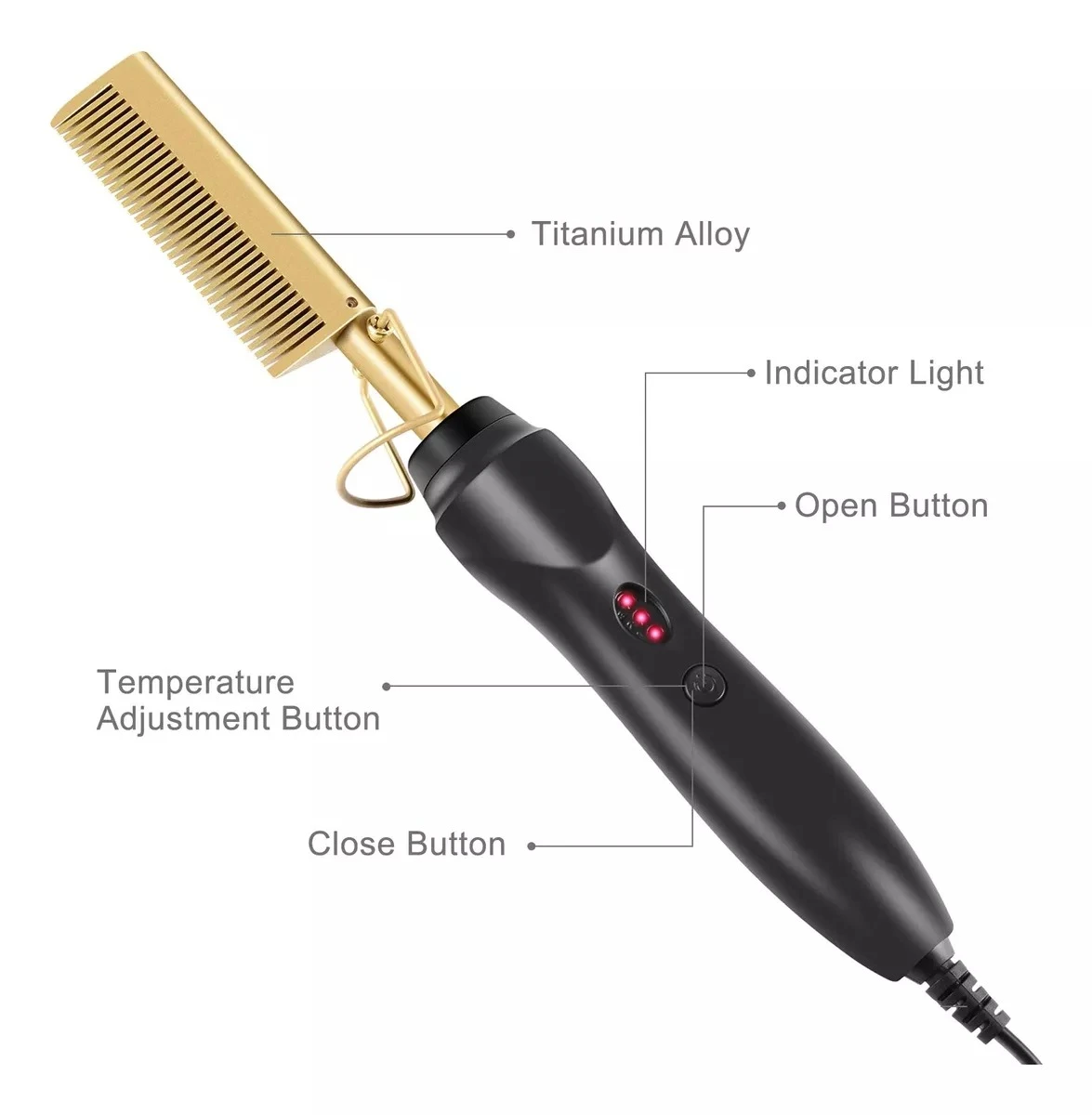 Peine alisador dorado de aleación de titanio con mango negro, luces indicadoras y botones.