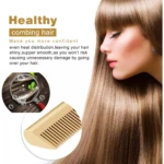 Peine cepillo alisador dorado para cabello sedoso, con detalle de lupa sobre hebras saludables.