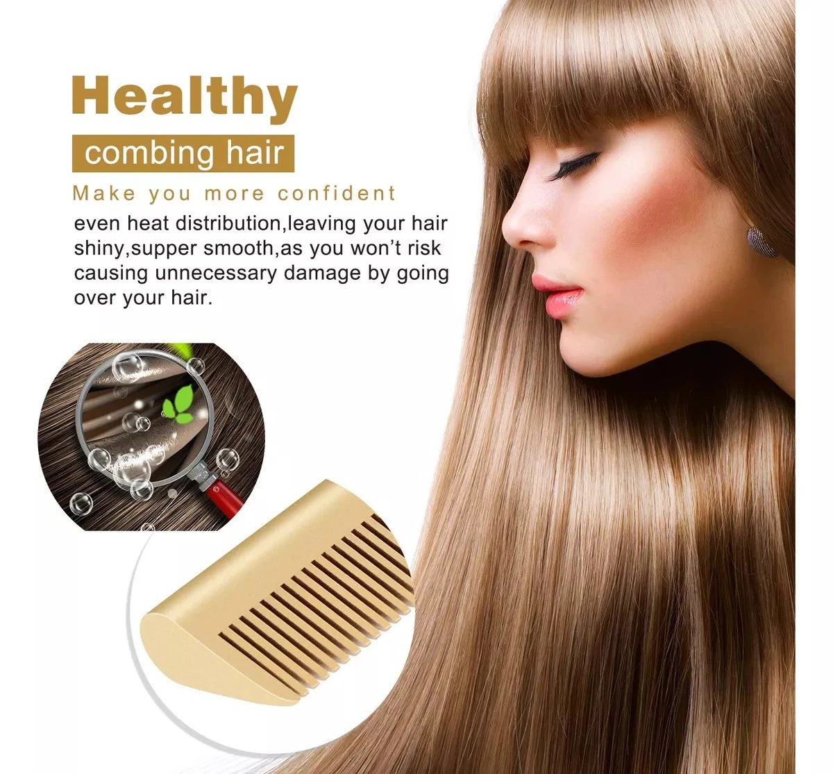 Peine cepillo alisador dorado para cabello sedoso, con detalle de lupa sobre hebras saludables.