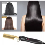 Peine cepillo alisador dorado y negro, muestra cabello antes y después, ideal para alisar.