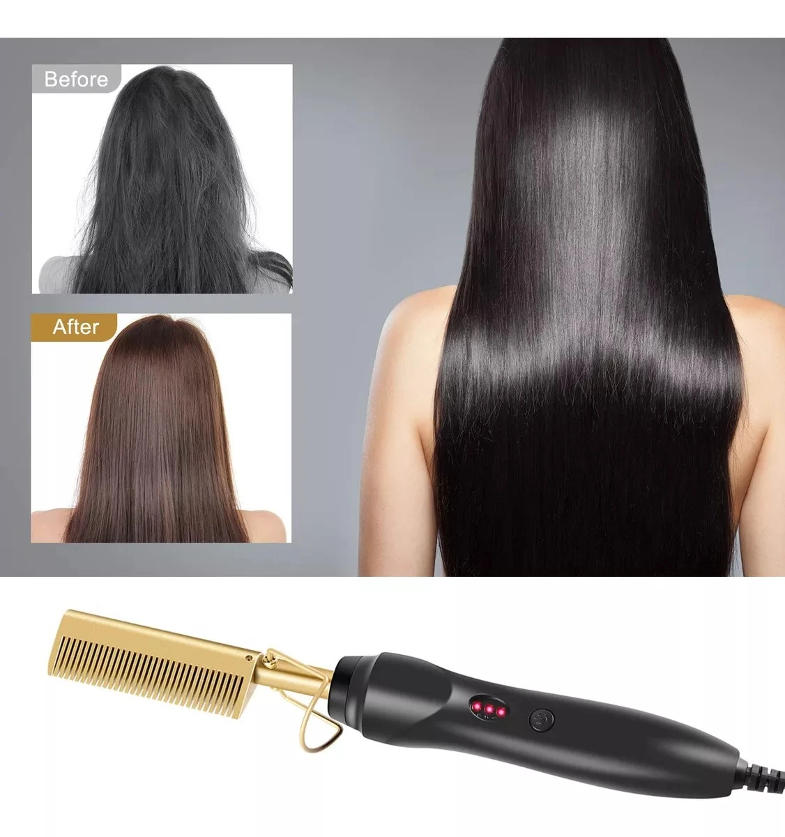 Peine cepillo alisador dorado y negro, muestra cabello antes y después, ideal para alisar.