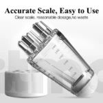 Aplicador para cabello transparente con puntas distribuidoras, incluye escala de medición de 1ml a 6ml y tapa protectora en un diseño ergonómico de mano.