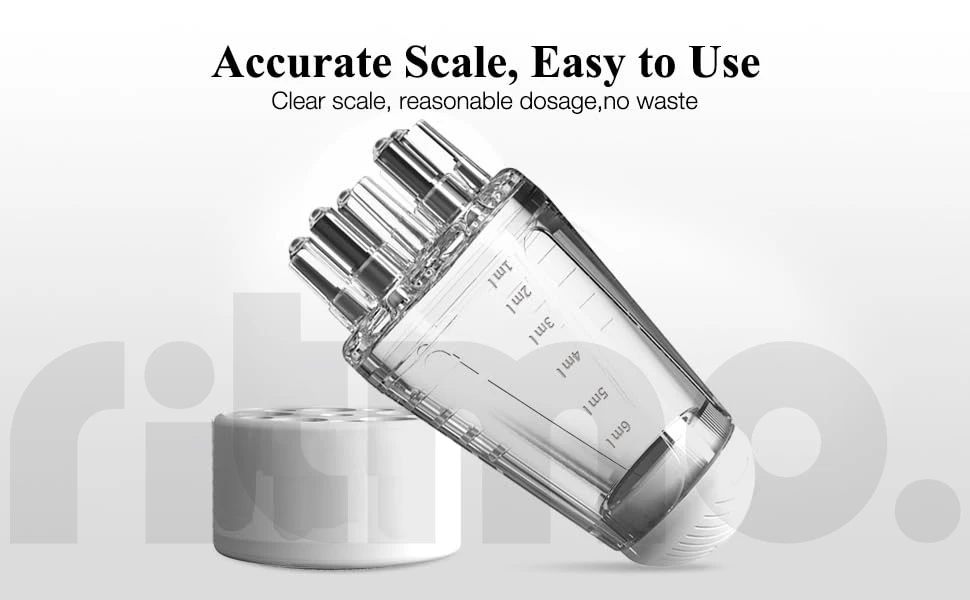 Aplicador para cabello transparente con puntas distribuidoras, incluye escala de medición de 1ml a 6ml y tapa protectora en un diseño ergonómico de mano.