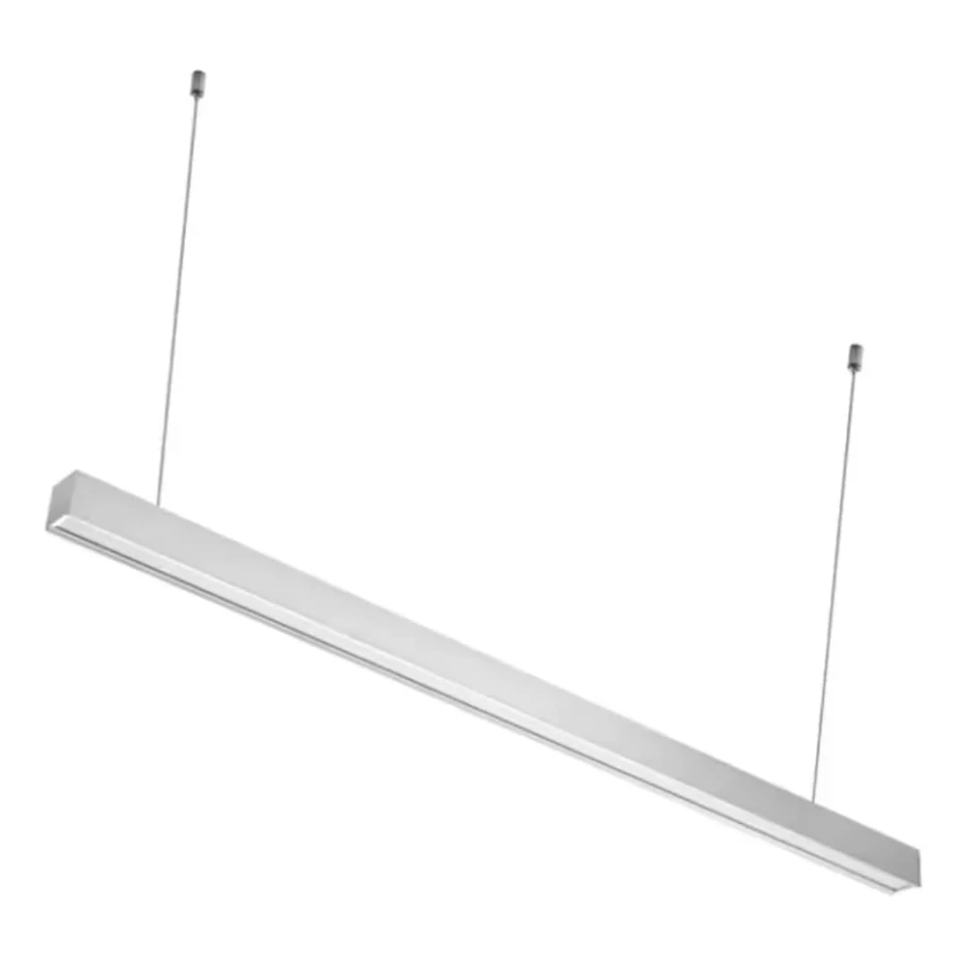 Lámpara lineal LED colgante plateada minimalista, para iluminar espacios de trabajo y comedor.