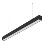 Lámpara colgante lineal LED negra, minimalista, para espacios de trabajo y comedor, suspendida con cables finos.