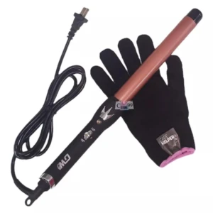 Encrespadora Gw color cobre con guante negro protector. Incluye ajuste de temperatura.