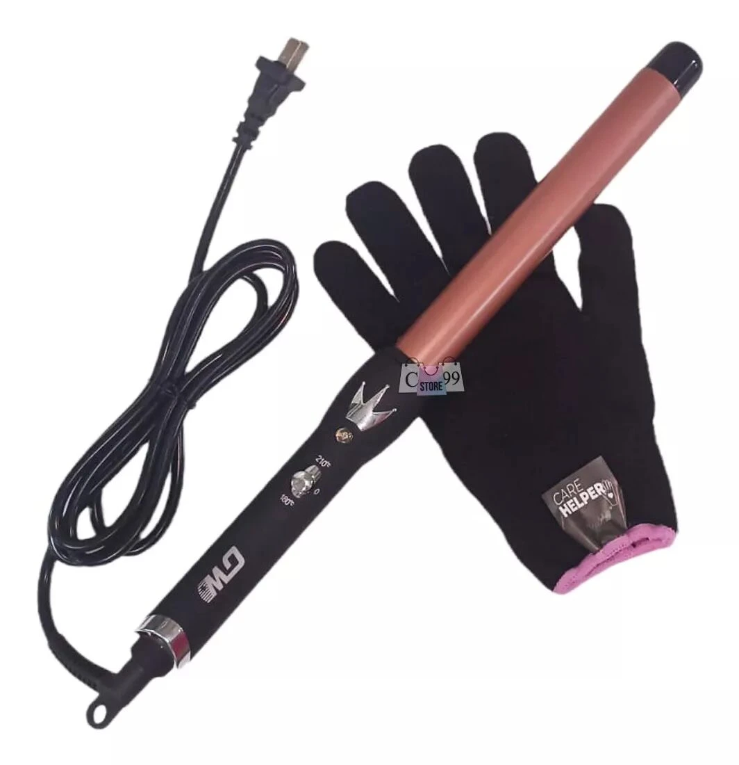 Encrespadora Gw color cobre con guante negro protector. Incluye ajuste de temperatura.