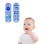 Rasca encía de silicona azul con forma de control remoto, diseñado para bebés.