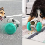 Perro jugando con dispensador de comida robot en forma de astronauta, libera croquetas.