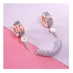 Arnés de seguridad para niños con pulsera anti-pérdida, color gris y rosa, con diseño de conejito y cable en espiral.