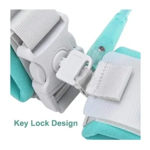 Cierre de seguridad con llave para arnés infantil anti-pérdida, color verde agua y blanco.
