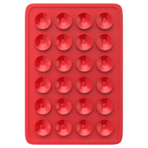 Soporte adhesivo rojo con 24 chupones de silicona para celular, ideal para fijación.